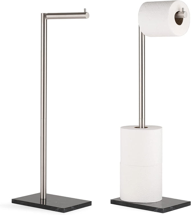 Free Standing Brushed Nickel Toilet Paper Holder Stand Black Marble Base and Storage