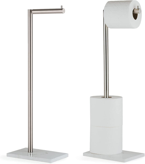 Free Standing Brushed Nickel Toilet Paper Holder Stand White Marble Base and Storage