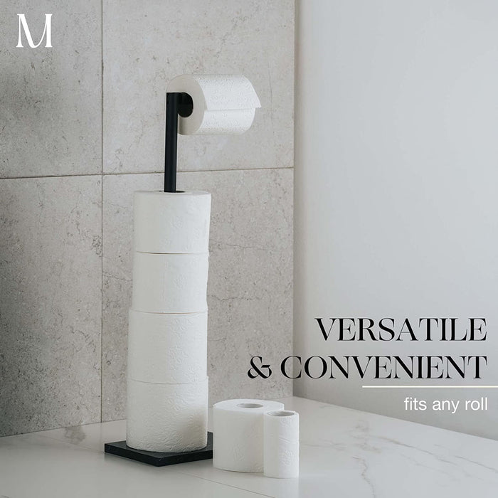 Free Standing Matte Black Toilet Paper Holder Stand Black Marble Base and Storage