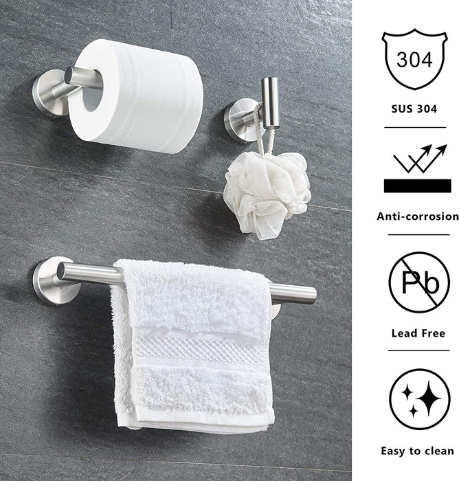 12in Hand Towel Bar, Toilet Paper Holder, Towel Hook (3pc Bathroom Hardware Set - Brushed Steel)