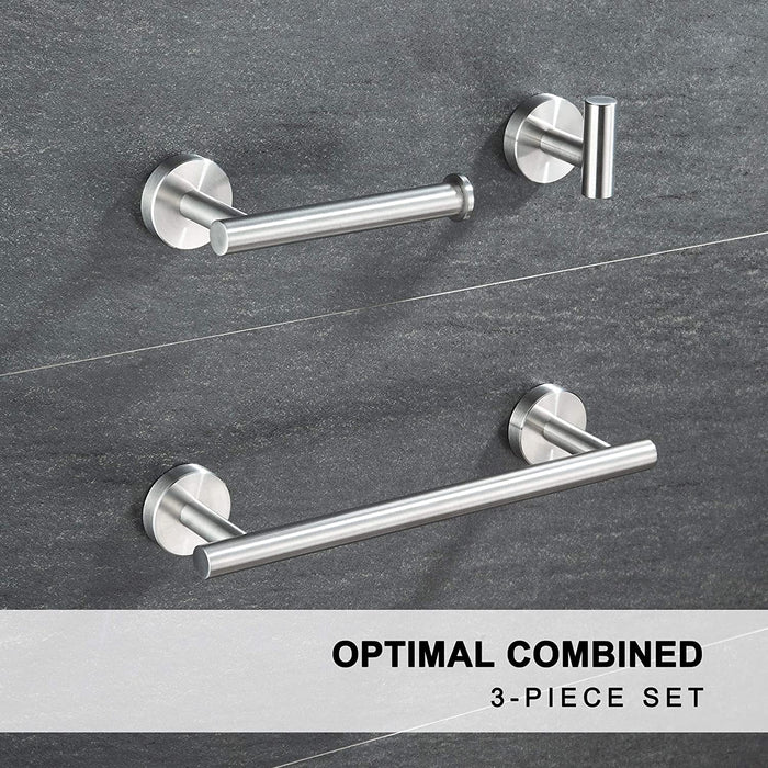 12in Hand Towel Bar, Toilet Paper Holder, Towel Hook (3pc Bathroom Hardware Set - Brushed Steel)