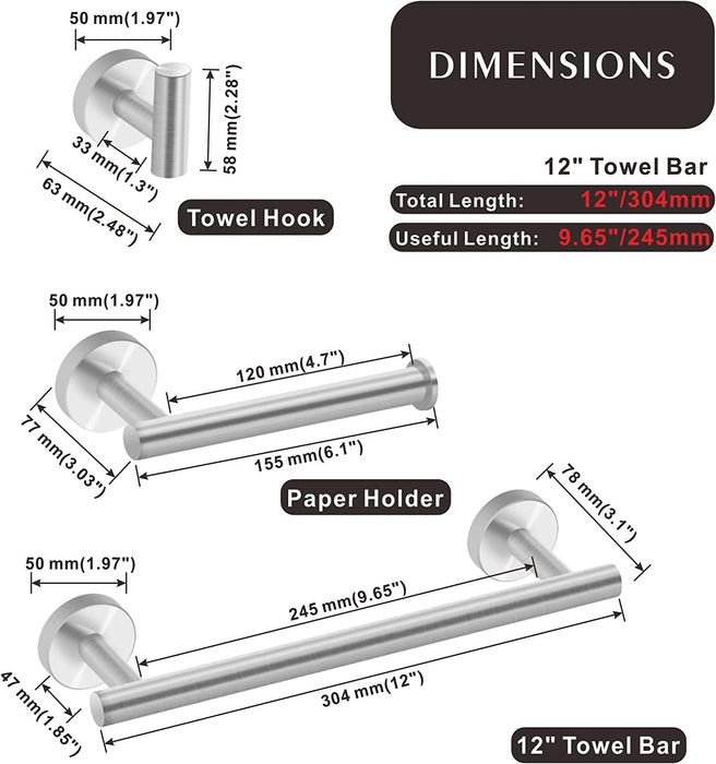 12in Hand Towel Bar, Toilet Paper Holder, Towel Hook (3pc Bathroom Hardware Set - Brushed Steel)