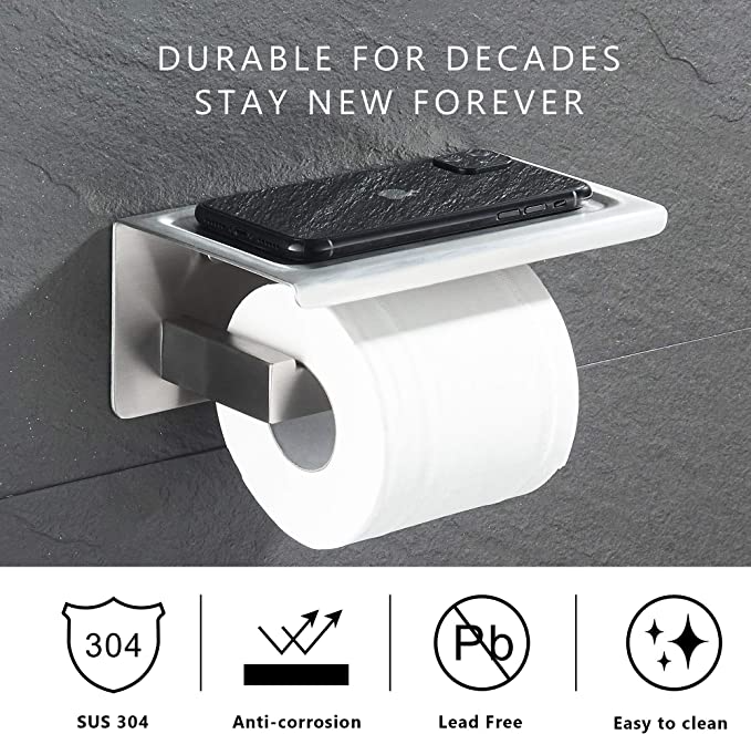 Toilet Roll Holder with Cellphone Shelf (Brushed Steel)