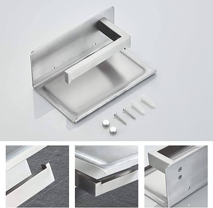 Toilet Roll Holder with Cellphone Shelf (Brushed Steel)
