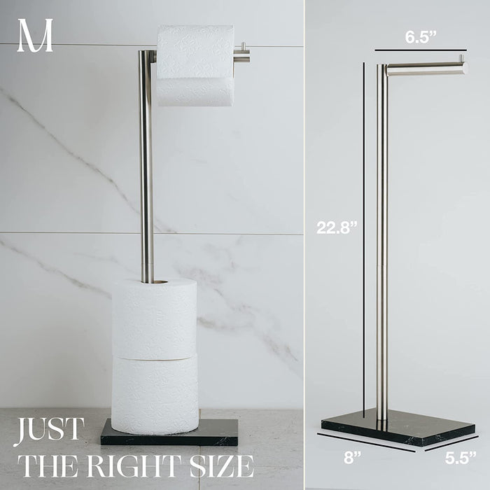 Free Standing Brushed Nickel Toilet Paper Holder Stand Black Marble Base and Storage