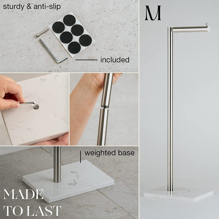 Free Standing Brushed Nickel Toilet Paper Holder Stand White Marble Base and Storage