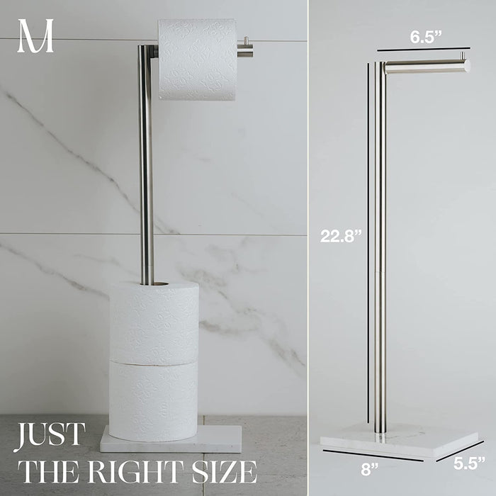 Free Standing Brushed Nickel Toilet Paper Holder Stand White Marble Base and Storage
