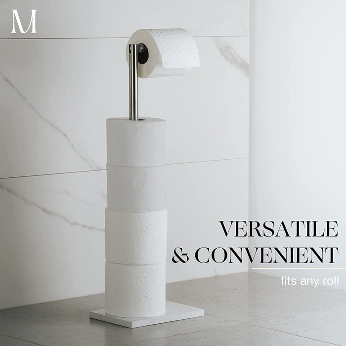 Free Standing Brushed Nickel Toilet Paper Holder Stand White Marble Base and Storage